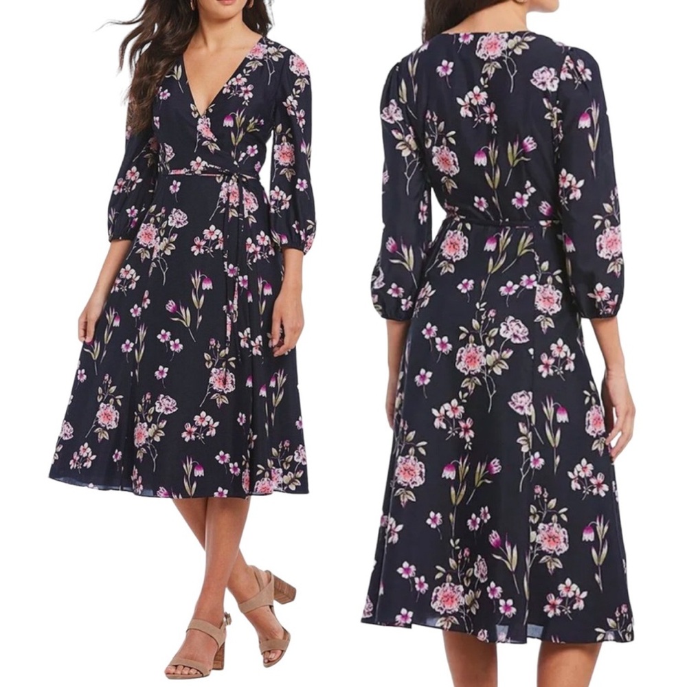 Eliza J Surplice Faux Wrap Dress Purple Pink Floral Printed Navy Midi Womens
